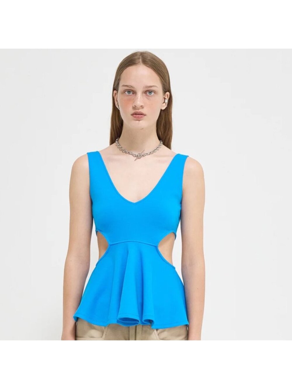 Goen.J Tank Top Women's Small Blue Cotton V Neck Cutout Ruffle Peplum Summer Y2K